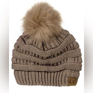 C.C Tan Knit Beanie with Gold Pom Pom
